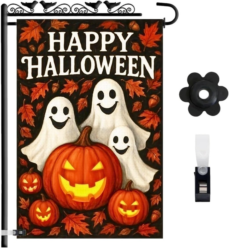KarvePro Happy Halloween Garden Flag 12x18 Double Sided Burlap – Fall Outdoor Yard Flag with Pumpkins and Ghosts, Durable Seasonal Decoration - Image 1